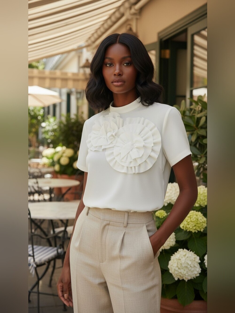 Gracia Ivory Cream 3D Ruffle Rosette Blouse Short Sleeve Crop Top Coquette Large
